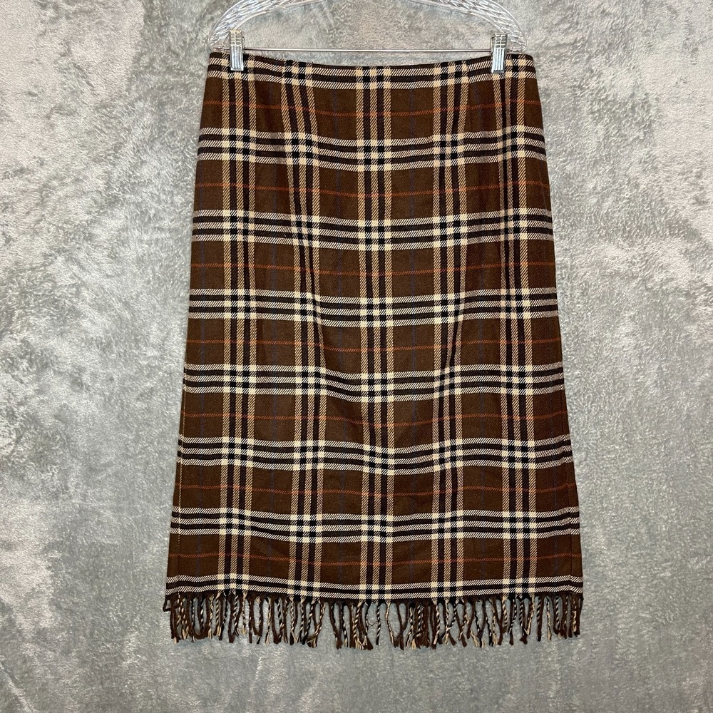Worthington Women Vintage Plaid Brown Academia Fringe Midi Blanket Skirt 16P